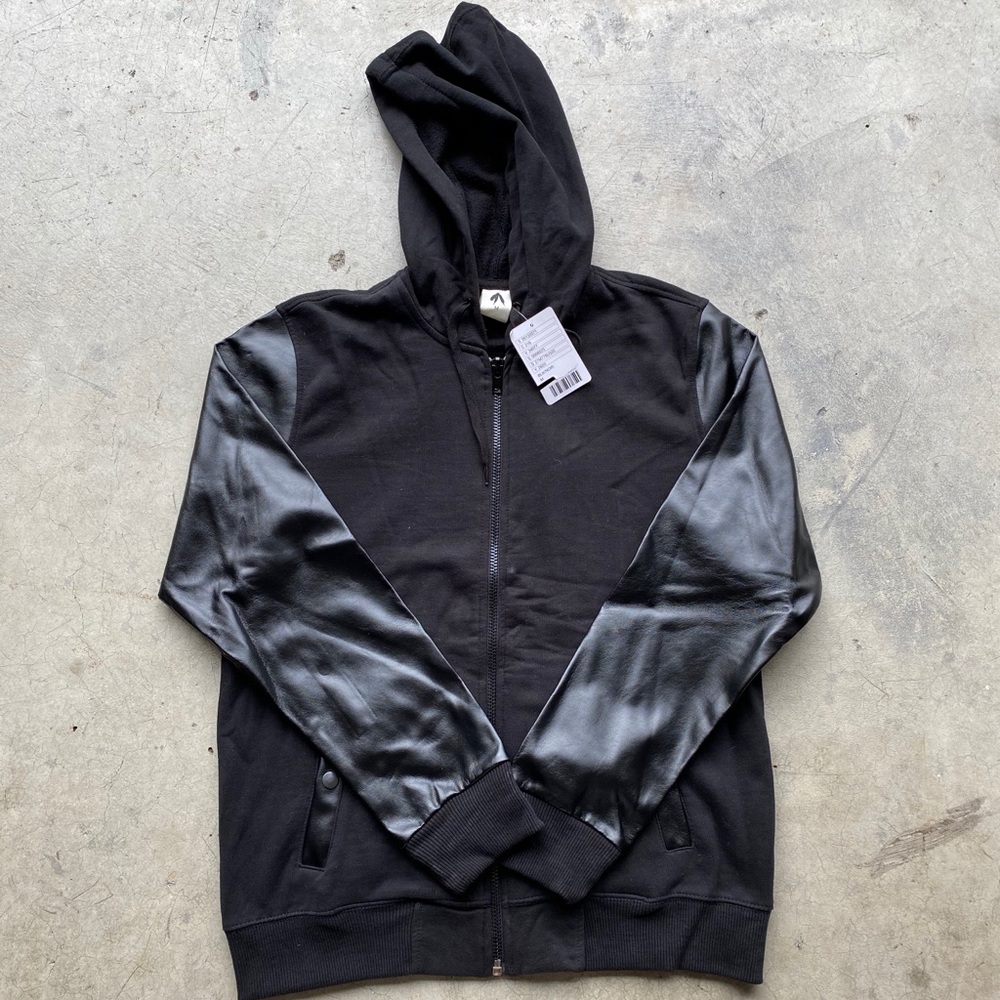 Men’s Black Zip-Up Hoodie w/ Faux Leather Sleeves